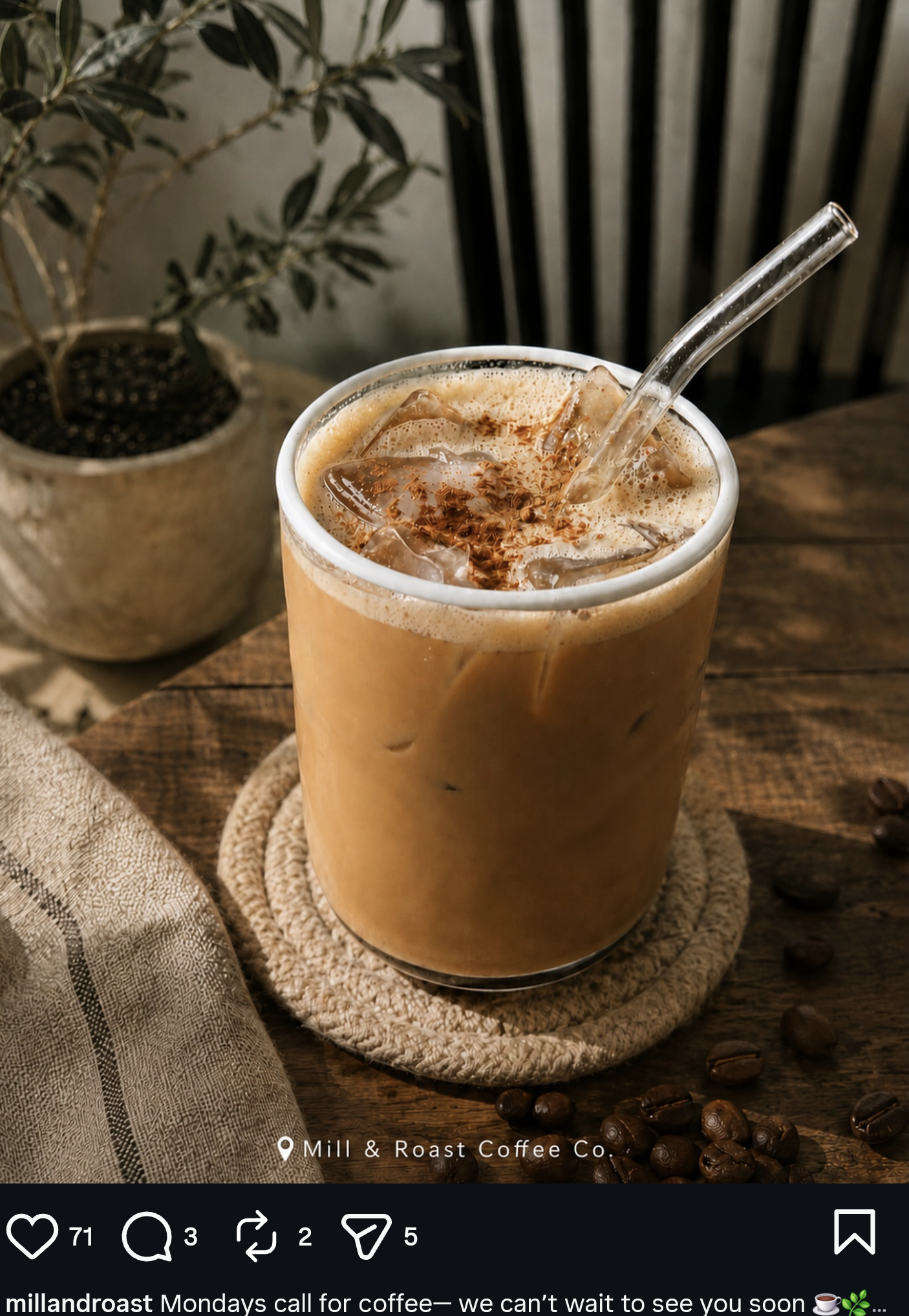 Iced coffee in a glass, featured on Mill and Roast’s Instagram