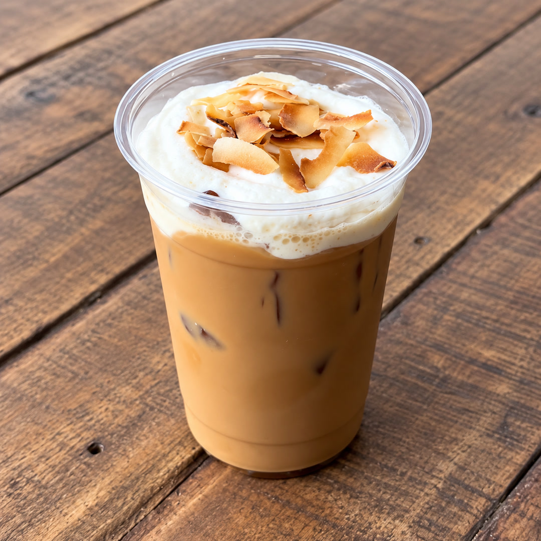 Finished toasted-coconut iced coffee with a creamy topping on a wooden café table
